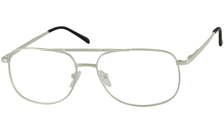Silver rectangular metal eyeglasses with black tips and clear nose pads.