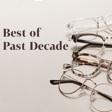 Best of Past Decade. Various styles of eyeglasses arranged in a neat row.