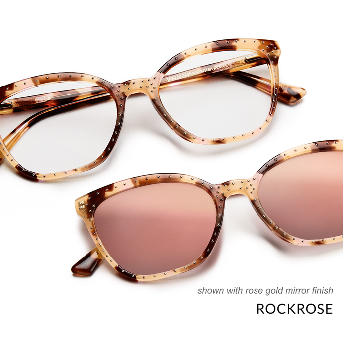 Glasses with tortoiseshell frames, one pair has clear lenses, the other has rose gold mirrored lenses. Text: shown with rose gold mirror finish ROCKROSE.