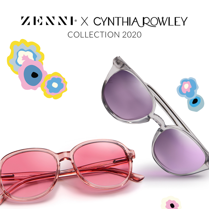 ZENNI x CYNTHIA ROWLEY COLLECTION 2020. Pink glasses with pink lenses, purple glasses with purple lenses.