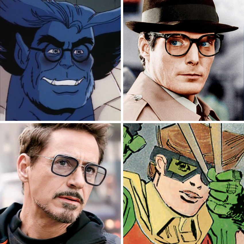Four characters wearing similar large, square-framed eyeglasses.