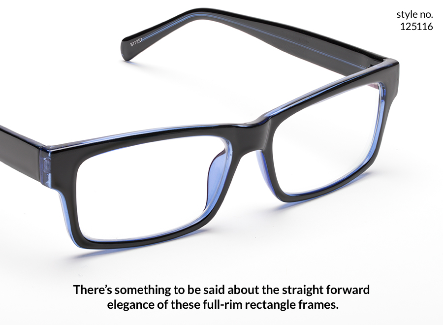Full-rim rectangle frames with black and blue design. Text: "There’s something to be said about the straightforward elegance of these full-rim rectangle frames." Style no. 125116.