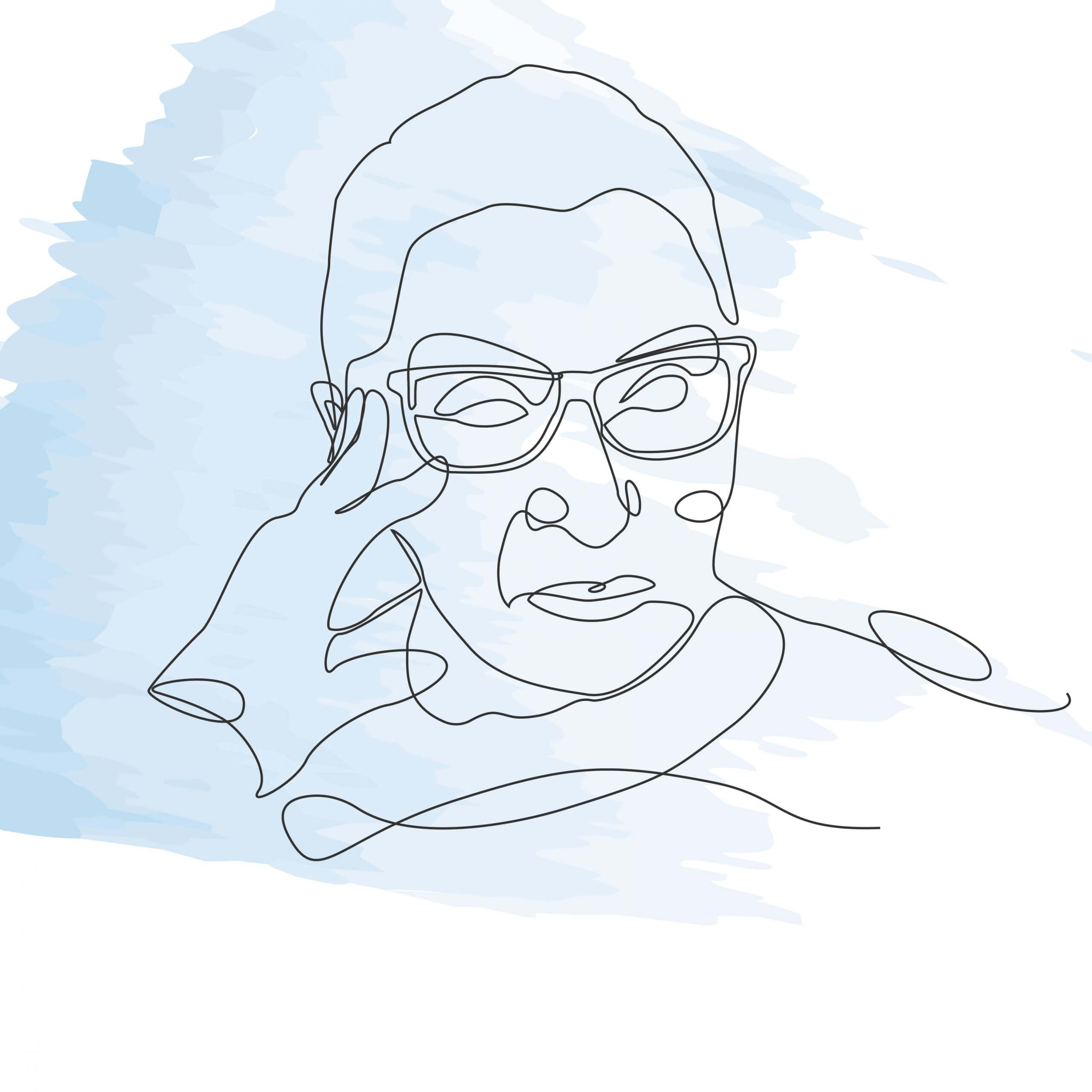 Continuous line drawing of a person wearing glasses with hand on their face, set against a light blue watercolor background.