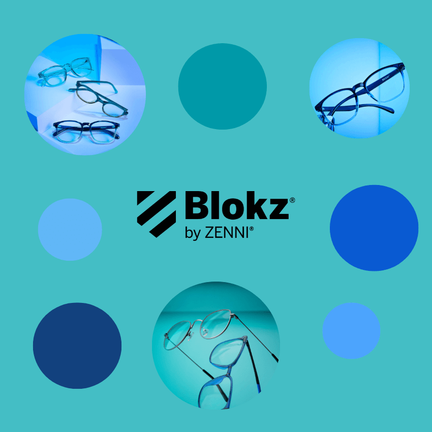 Blokz by Zenni. Collage of various blue-light blocking eyeglasses on a turquoise background.