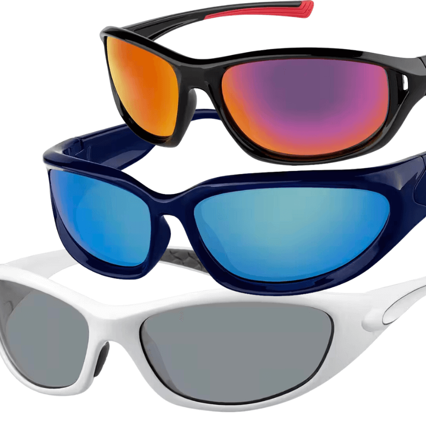 Three pairs of sunglasses: black with orange lenses, blue with blue lenses, and white with grey lenses.