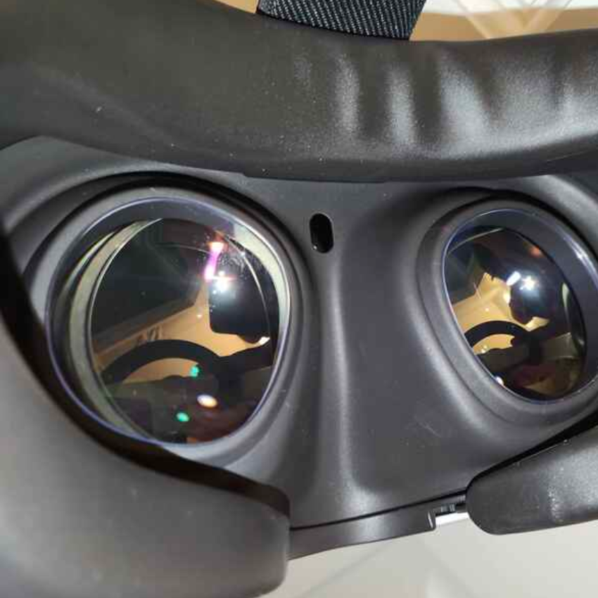 Close-up view of the lenses of a virtual reality (VR) headset.