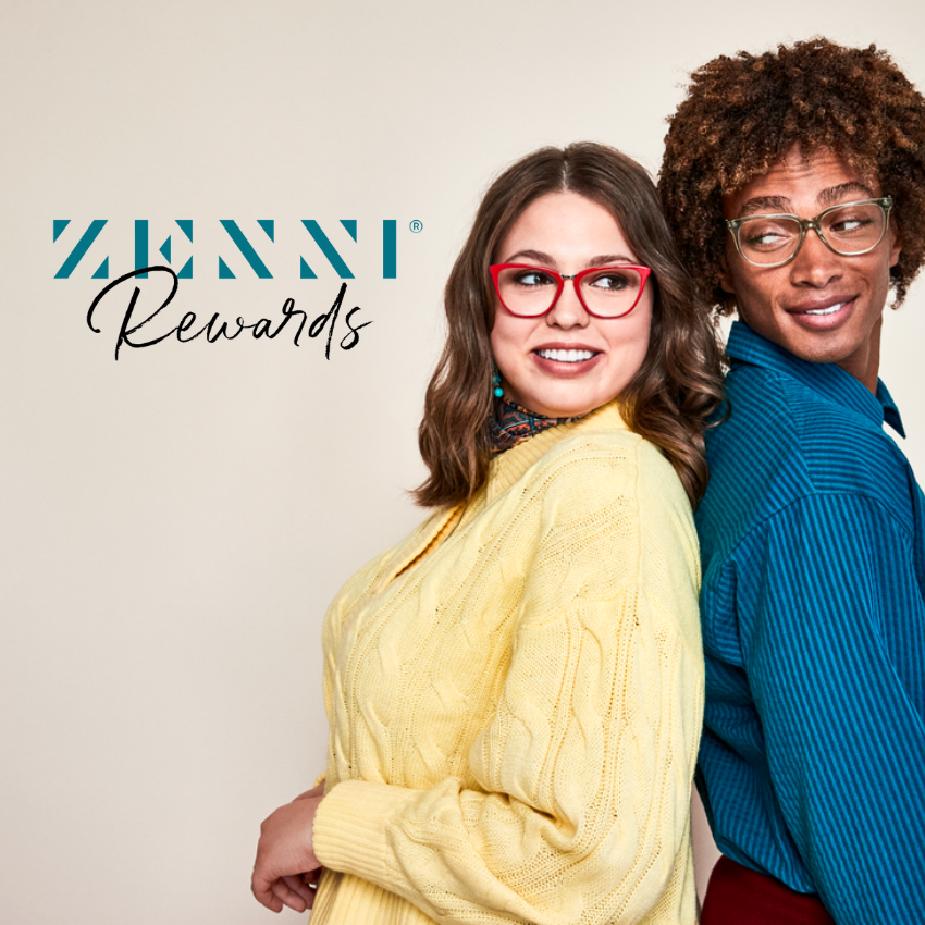 ZENNI Rewards. A woman wearing red glasses and a yellow sweater stands back-to-back with a man in green glasses and a blue shirt.