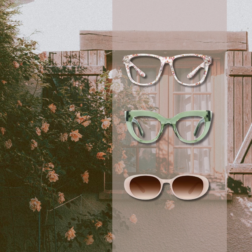 Three pairs of sunglasses: floral, green cat-eye, and white oval.