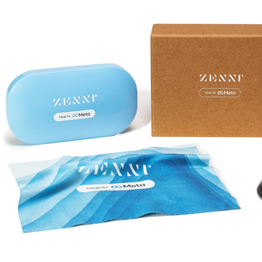 Zenni Made for Meta eyeglass case, cleaning cloth, and packaging box.