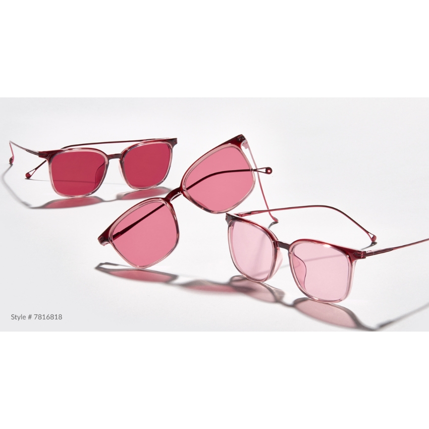 Three pairs of pink-lensed glasses with thin frames, Style #7816818.