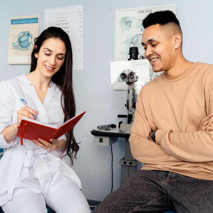Optometrist in white coat holding a red notebook, talking to a patient seated next to an eye examination machine.